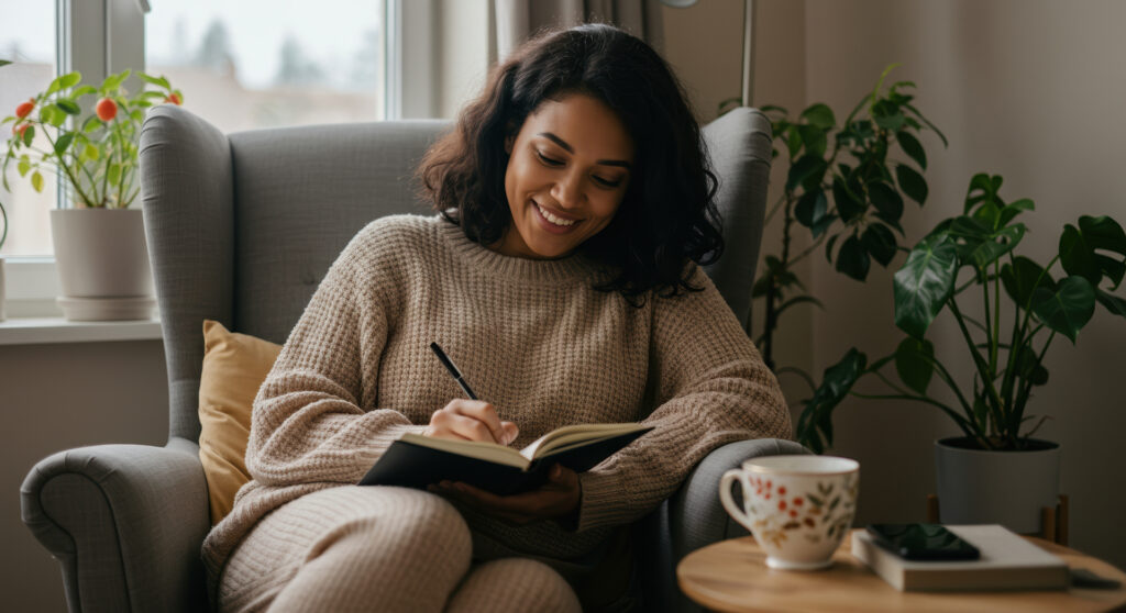 A smiling woman enjoys a quiet morning journaling in her cozy living room with plants and tea.