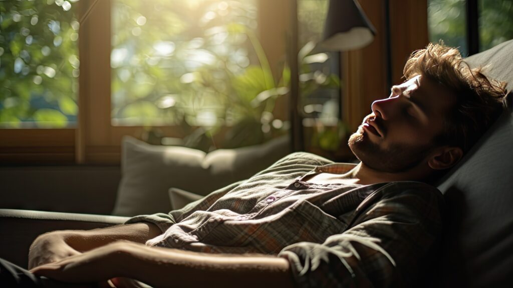 Young man sleeping on sofa at home
